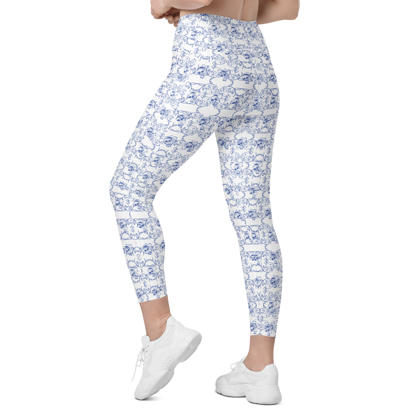 Frog and Mushroom Fine China Crossover leggings with pockets