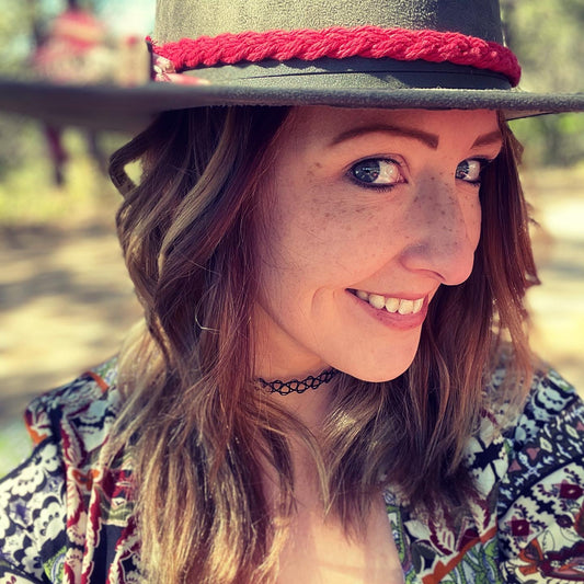 Olive Green w/ Red Feather Macrame Band Wide Brim Faux Suede Fedora Hat